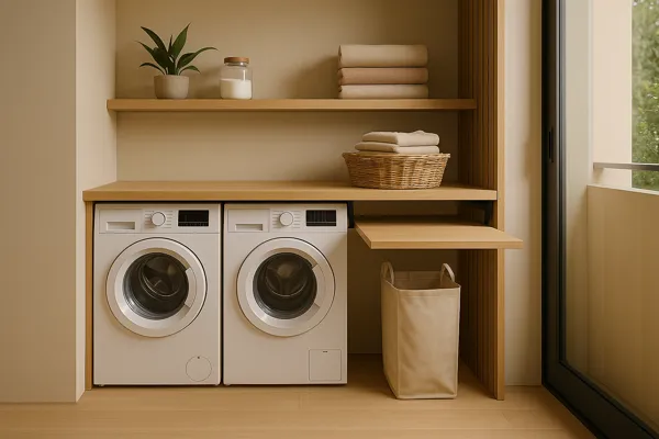 Bancada retrátil de madeira acima de máquina de lavar em lavanderia compacta integrada com design moderno e iluminação natural.