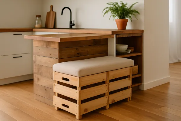 Banco feito com caixas de feira de madeira reaproveitada em cozinha americana sustentável, com assento estofado, bancada rústica e elementos naturais ao redor.