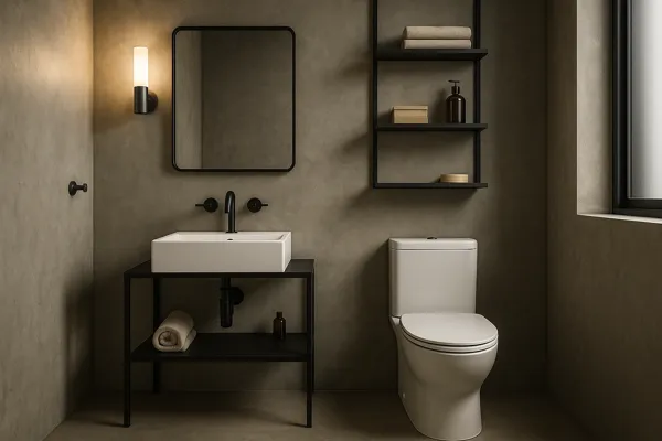 Banheiro compacto com estética industrial, parede de cimento queimado, metais em preto fosco, espelho retangular com moldura preta, bancada de ferro e prateleiras abertas, iluminado por janela lateral com estrutura metálica.