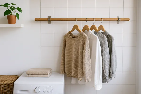 Lavanderia compacta organizada com cabideiro feito de cabo de vassoura reaproveitado, parede branca, prateleiras de madeira clara e estilo minimalista funcional.