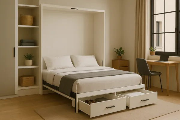 Estúdio minimalista com cama dobrável moderna, gavetas de armazenamento embutidas e layout integrado com mesa de trabalho junto à janela, em tons claros e design clean.