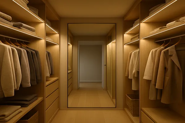 Closet pequeno com iluminação indireta embutida nas prateleiras, armários de madeira clara organizados, espelho grande ao fundo e sensação de amplitude visual elegante.