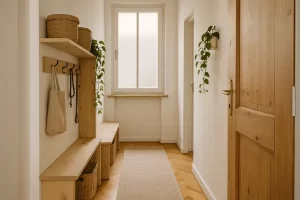 Corredor estreito de apartamento antigo decorado com soluções sustentáveis como madeira clara, plantas e iluminação suave, organizado com prateleiras e cestos naturais.