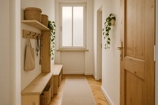 Corredor estreito de apartamento antigo decorado com soluções sustentáveis como madeira clara, plantas e iluminação suave, organizado com prateleiras e cestos naturais.