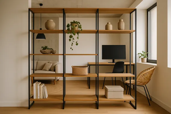 Estante divisória multifuncional com estrutura de madeira clara e metal preto separando sala e home office em loft moderno com conceito aberto.