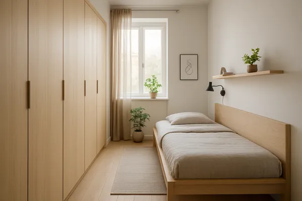 Quarto estreito com guarda-roupa embutido em madeira clara, cama minimalista, iluminação natural suave, cortina bege translúcida, decoração escandinava com plantas e prateleira flutuante.