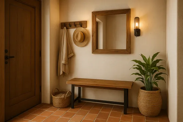 Hall de entrada pequeno com estilo rústico em apartamento térreo, com banco de madeira, espelho com moldura natural, cesto de palha, planta em vaso artesanal e iluminação aconchegante sobre piso de terracota.