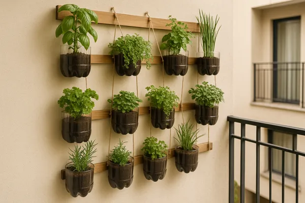 Jardim vertical com garrafas PET reutilizadas em sacada estreita de apartamento urbano, com ervas e folhagens penduradas em estrutura de madeira contra parede bege.