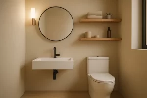 Lavabo minimalista em estúdio urbano compacto, com espelho redondo central, pia branca suspensa, vaso sanitário bem posicionado, prateleiras de madeira com objetos organizados verticalmente e iluminação lateral suave.