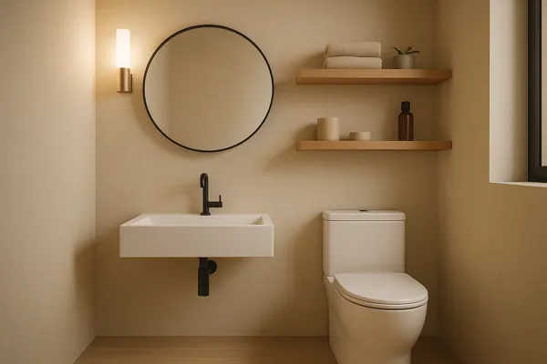 Lavabo minimalista em estúdio urbano compacto, com espelho redondo central, pia branca suspensa, vaso sanitário bem posicionado, prateleiras de madeira com objetos organizados verticalmente e iluminação lateral suave.