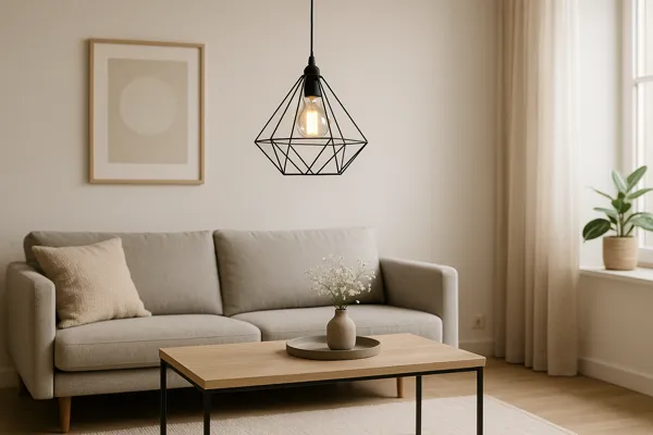 Sala de estar minimalista com luminária suspensa feita de arame reciclado, decoração em tons neutros, móveis de linhas simples e iluminação suave criando atmosfera aconchegante.