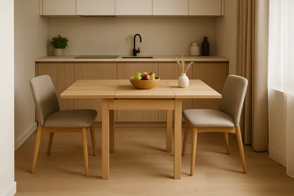Cozinha compacta e moderna com mesa extensível aberta, cadeiras leves ao redor e marcenaria integrada em tons claros, ideal para apartamento familiar urbano.