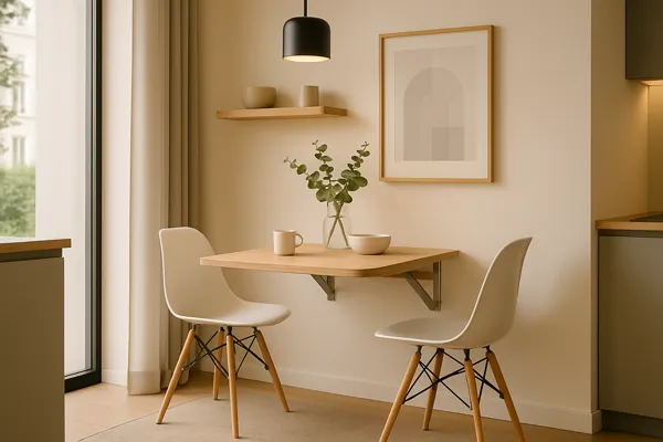 Área de jantar compacta com mesa flutuante dobrável em madeira clara instalada em parede branca, iluminação suave em micro apartamento moderno.