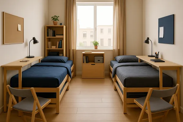 Quarto compartilhado em residência estudantil com móveis empilháveis, cama modular, mesa leve e estantes empilhadas em ambiente organizado e funcional.