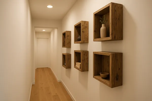 Corredor interno estreito com nichos de parede feitos em madeira de demolição, iluminação suave, piso claro e ambiente decorado de forma funcional e minimalista.