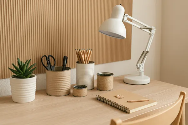 Home office escandinavo com mesa organizada usando latas recicladas como porta-canetas e suportes, combinando tons neutros, madeira clara e elementos minimalistas.
