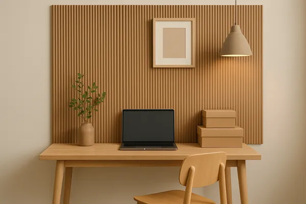 Painel de parede feito com papelão ondulado reciclado em escritório compacto com mesa de madeira clara, laptop e iluminação suave, em estilo minimalista sustentável.