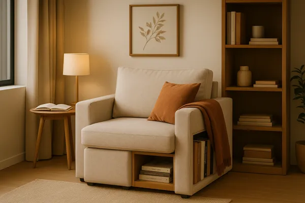 Poltrona modular bege com compartimentos secretos para livros em espaço de leitura pequeno com iluminação suave e decoração minimalista.