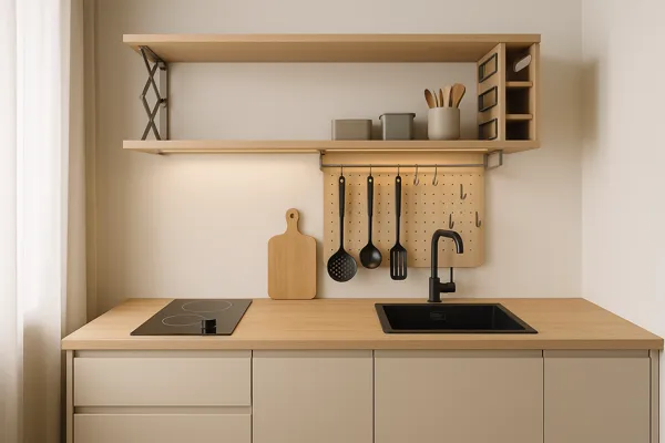 Cozinha com layout linear e prateleira articulada multifuncional com painel pegboard, ganchos metálicos, iluminação embutida e suporte lateral modular acima da bancada compacta.