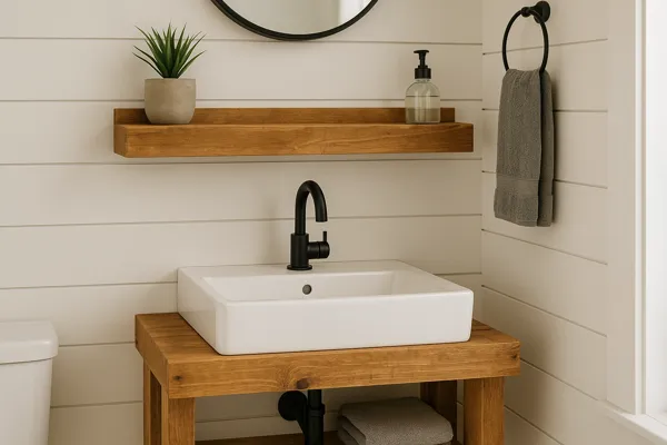 Prateleira de palete rústico com pia branca em lavabo pequeno de casa de campo, com decoração minimalista e toques naturais.