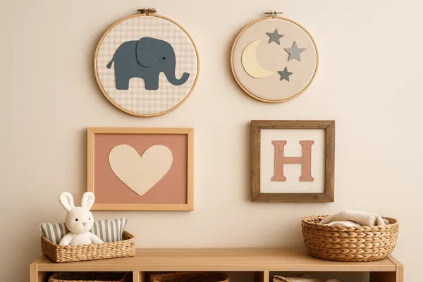 Quarto infantil pequeno decorado com quadros feitos de sobras de tecido, parede em tom neutro, móveis baixos e atmosfera lúdica e acolhedora com elementos sustentáveis.