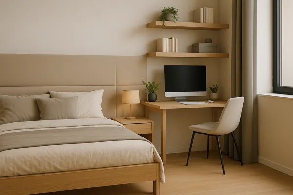 Ambiente multifuncional em kitnet integrando quarto e escritório com cama de madeira clara, escrivaninha minimalista, prateleiras suspensas e iluminação suave junto à janela.