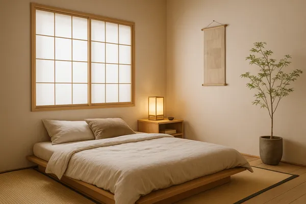 Quarto pequeno com decoração minimalista japonesa, cama baixa de madeira, luz difusa e tons neutros, ideal para ambientes com pouca iluminação natural.
