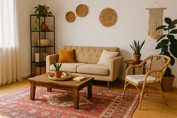 Sala pequena decorada em estilo boho-chic com móveis reaproveitados, incluindo sofá bege, mesa de madeira rústica, cadeiras de vime, tapete vintage e plantas naturais em ambiente bem iluminado.