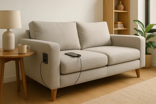 Sofá inteligente com portas USB embutidas em sala compacta moderna com mesa lateral, iluminação natural e decoração minimalista.