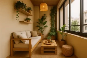 Varanda estreita transformada em área de convivência com sofá de madeira clara, mesa de centro rústica, plantas verdes em vasos naturais e iluminação suave com pendente de palha em ambiente acolhedor e urbano.