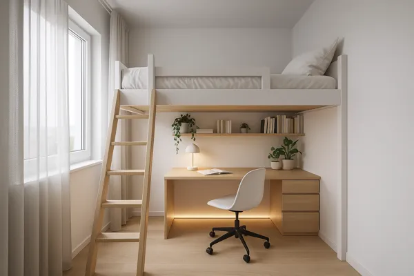 Quarto minimalista escandinavo com cama de solteiro elevada em madeira clara, zona de estudo integrada com escrivaninha, prateleira com livros e plantas, iluminação suave e cadeira ergonômica.