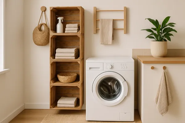 Suporte vertical feito com caixotes de madeira reaproveitada em lavanderia pequena e minimalista, ao lado de máquina de lavar branca. Ambiente iluminado naturalmente, com piso claro, plantas decorativas e elementos em madeira, seguindo estilo sustentável e funcional.